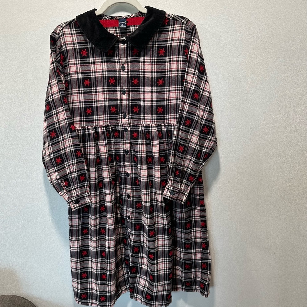 Lands End Girls Flannel Snowflake Velvet Collared Holiday Dress Size XL Vintage